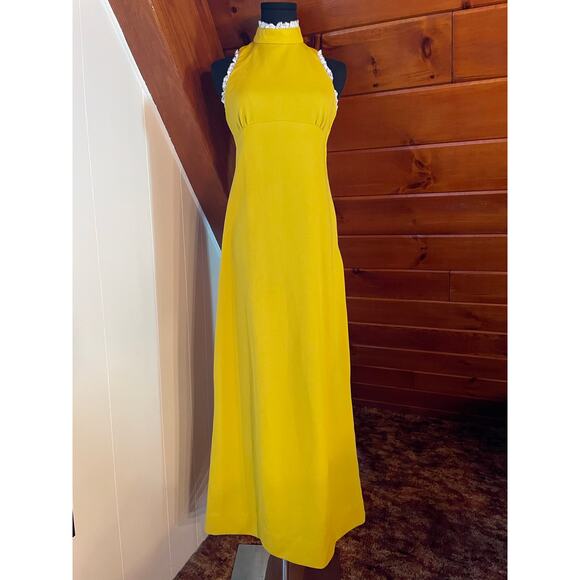 Vintage 70s Bright Yellow Lace Trim Keyhole Empire Waist Maxi Dress - Picture 1 of 7